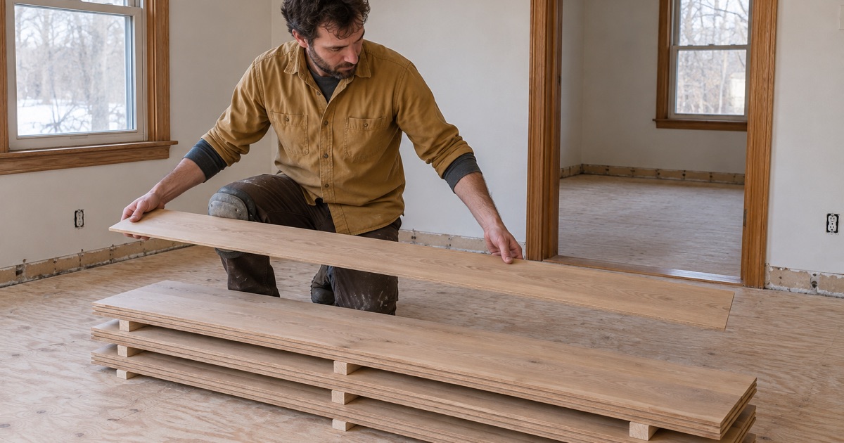 Worker taking the top board off a bundle of white oak plank lying flat on the floor of a Maple Grove house, left to acclimate with spacer battens between the layers.