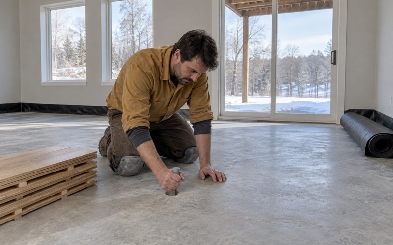 Worker seating a relative humidity probe into a drilled hole in the lower-level slab of a Maple Grove walkout before any engineered flooring goes down.