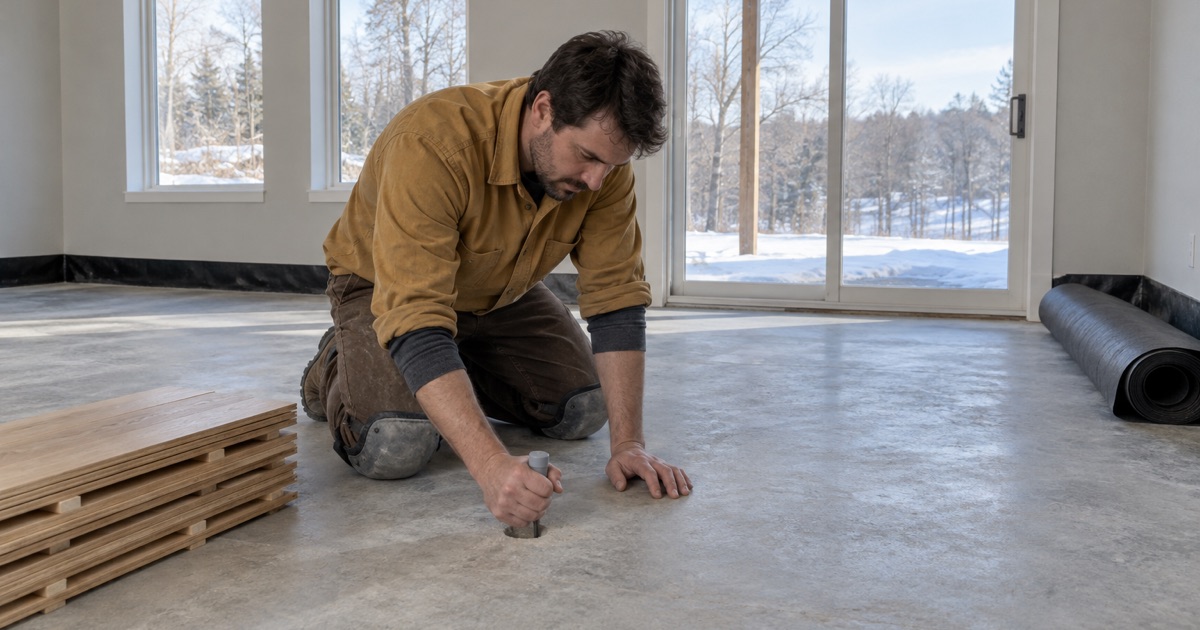 Worker seating a relative humidity probe into a drilled hole in the lower-level slab of a Maple Grove walkout before any engineered flooring goes down.