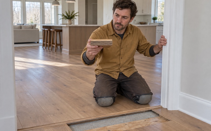 Worker holding up a lifted engineered white oak plank with its sawn end to camera, the thin wear layer over the core reading as a pale band above the plies.