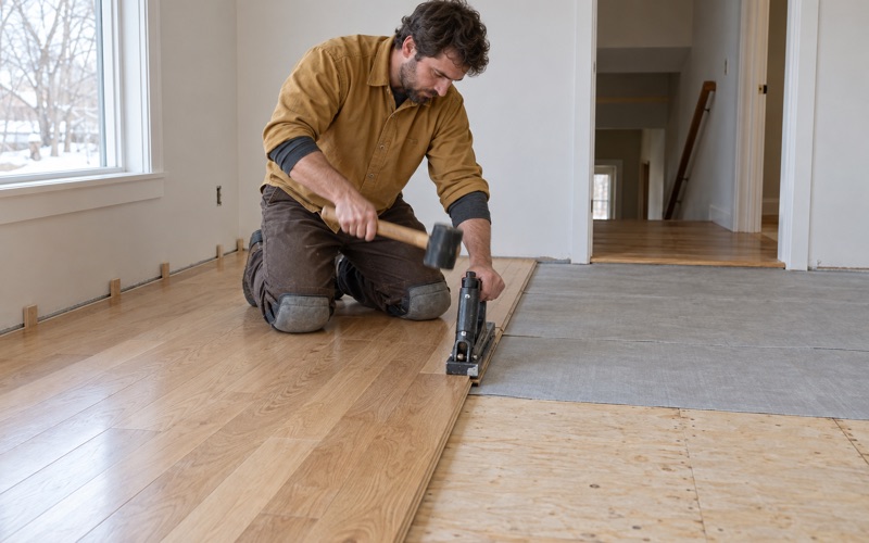 Worker striking the plunger of a flooring nailer seated on the tongue edge of a white oak board in a Maple Grove house, the laid courses running back behind him.