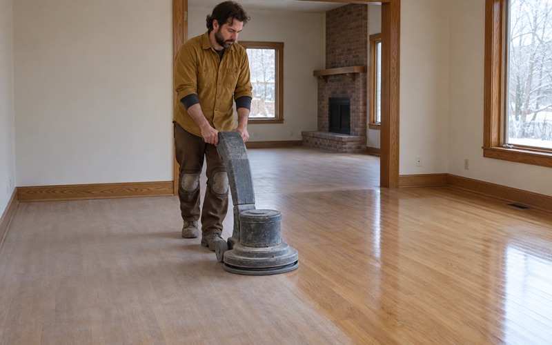 Worker walking a low buffer across a white oak floor in a Maple Grove house, abrading the old finish to an even dull haze without cutting into the wood.