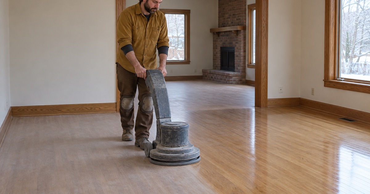 Worker walking a low buffer across a white oak floor in a Maple Grove house, abrading the old finish to an even dull haze without cutting into the wood.