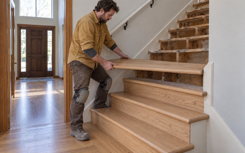 Worker lowering a white oak retro tread with a bullnose front edge onto the stringer of a Maple Grove staircase, the finished treads below him already down.