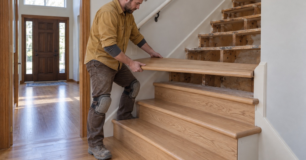 Worker lowering a white oak retro tread with a bullnose front edge onto the stringer of a Maple Grove staircase, the finished treads below him already down.