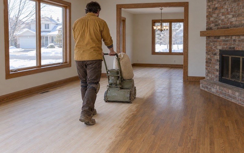 Worker walking a drum sander away from camera across white oak in a Maple Grove house, raw pale wood behind the machine and old amber finish still whole ahead of it.