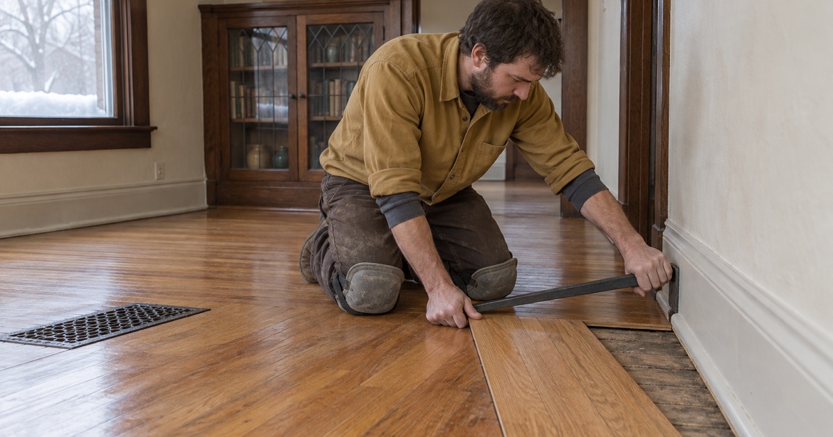 Worker closing a board repair in the original strip oak of an older Anoka house, where the neighborhood the house sits in decides what is underfoot.