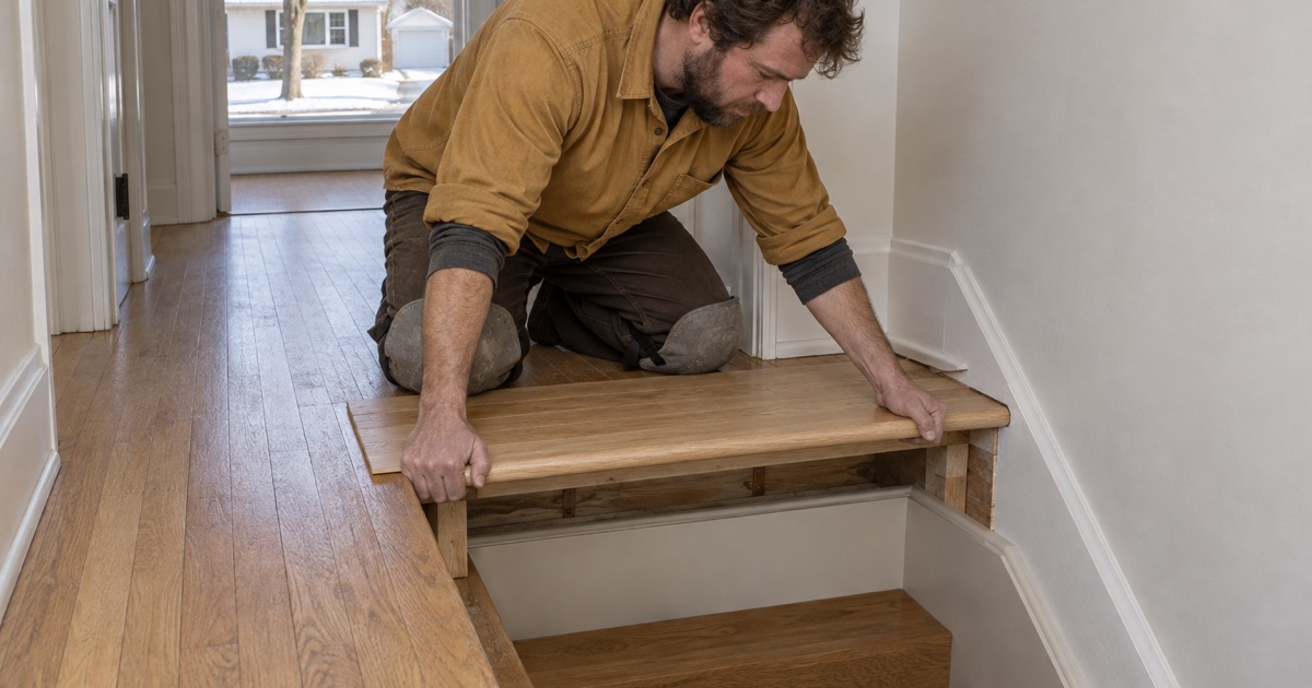 Worker setting a white oak landing tread at the head of the basement stairs in a Brooklyn Center rental house between tenancies.
