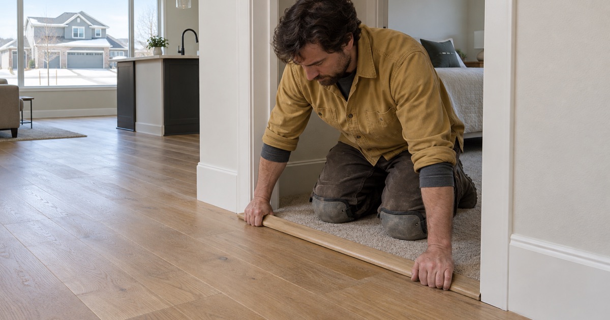 Worker setting an oak reducer at a carpet-to-wood doorway in a post-2000 Brooklyn Park house north of 85th Avenue.