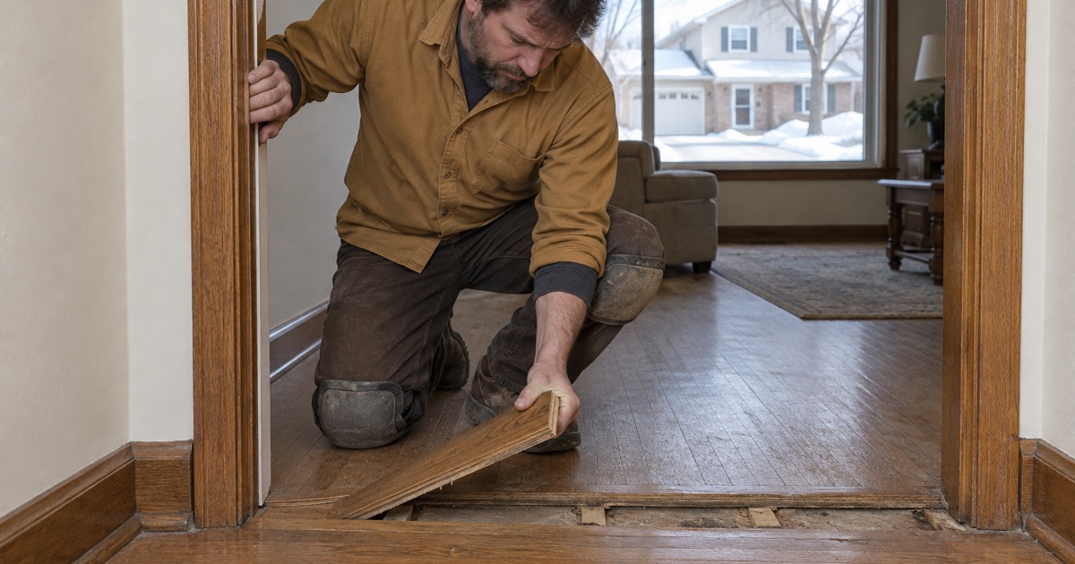 Worker lifting one board end at a Champlin doorway to read how much oak is left above the tongue before deciding to refinish or replace.