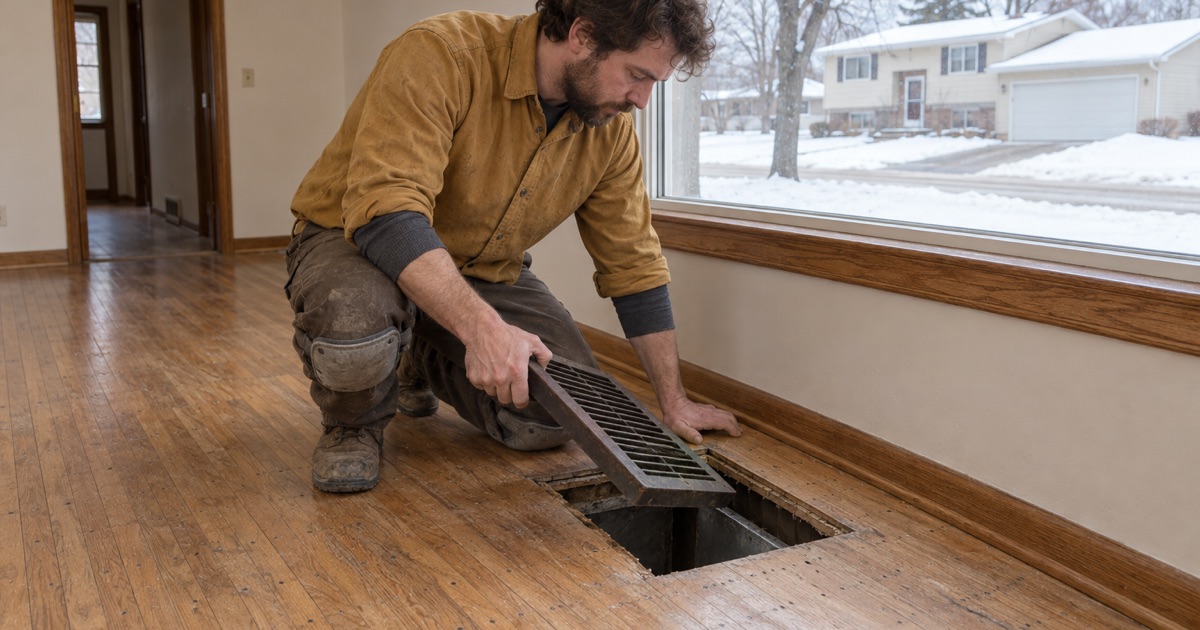 Worker lifting a cast floor register out of the oak floor of a 1980s Coon Rapids house to read the board profile at the cut edge.
