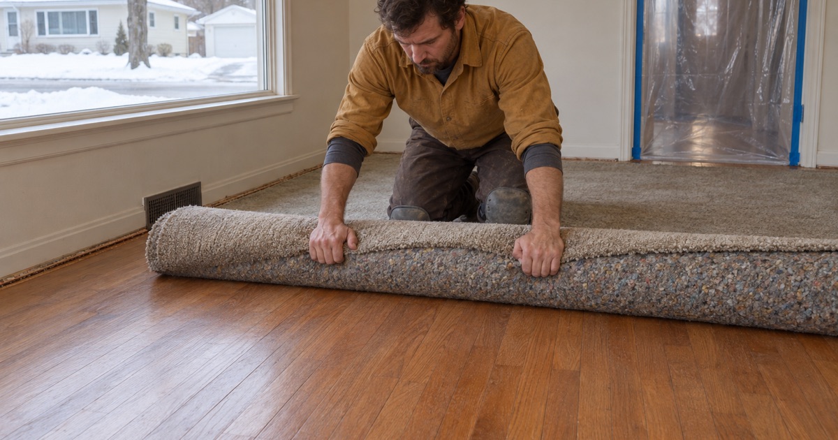 Worker rolling back carpet and pad off original 1950s red oak in a Crystal rambler, with clear poly containment sealed across the doorway behind him.