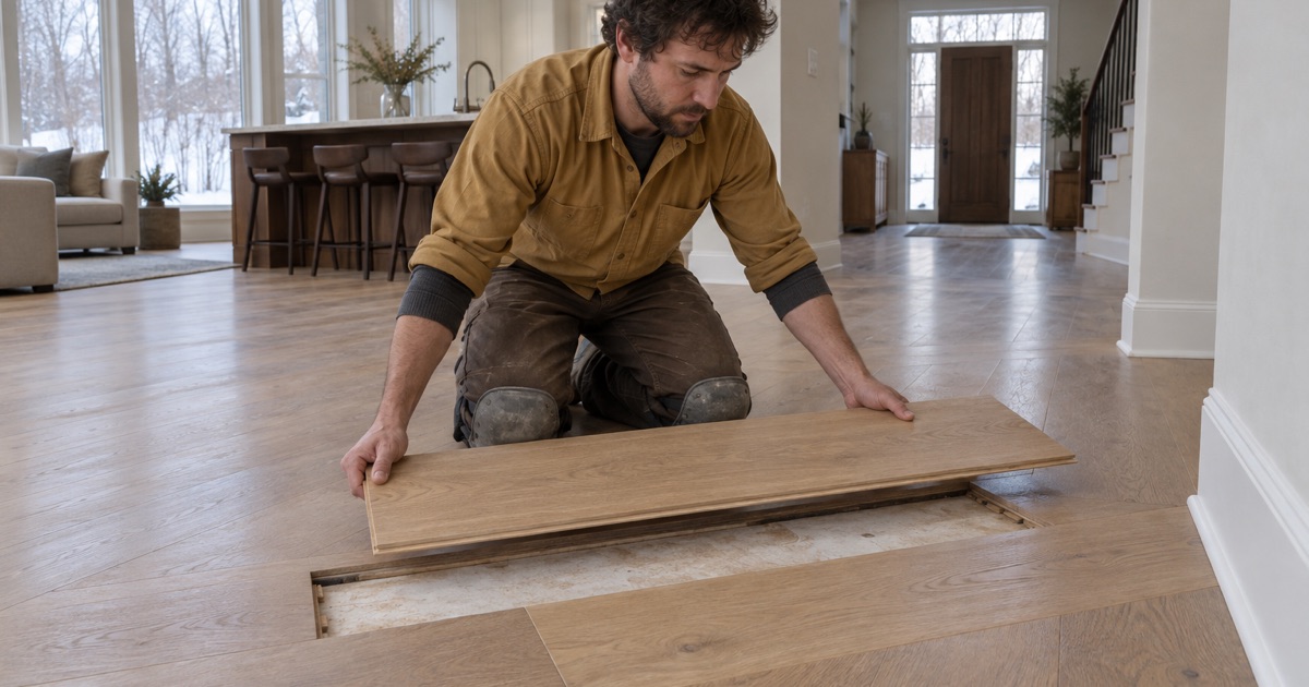 Worker replacing a single plank in a Dayton house built since 2000, where the floor is new work rather than a recovery.