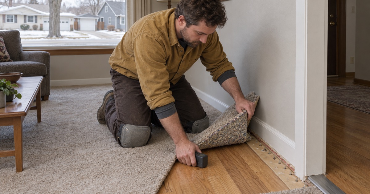 Worker pressing a moisture meter flat to original oak exposed at a small inspection cut in a Fridley house, before anything is quoted.