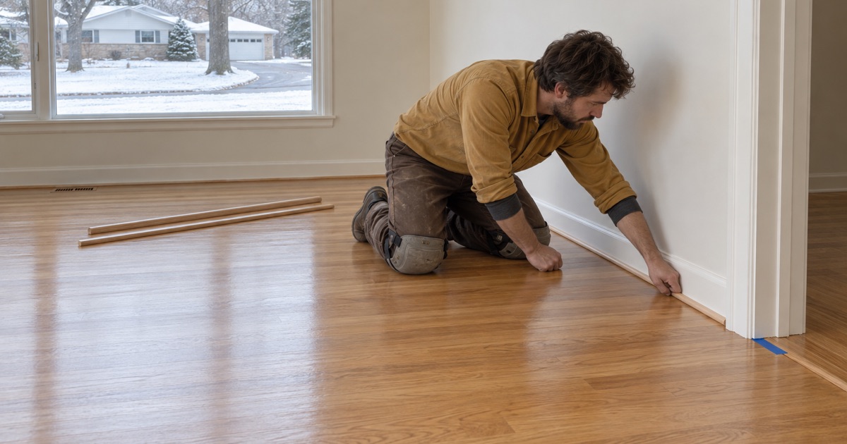Worker setting the shoe molding back down along the wall of a finished 1950s Golden Valley floor, the last step before the house is photographed for a listing.