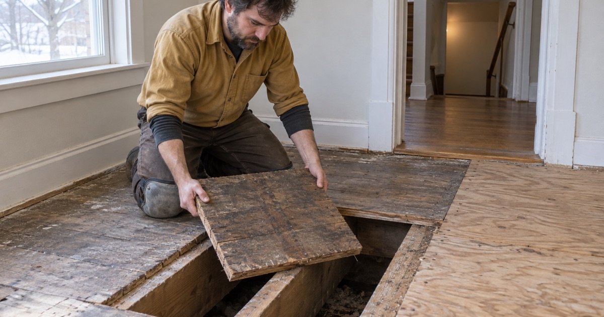 Worker lifting out a cut square of subfloor in a Lake Elmo house, because what sits under the floor here cannot be assumed from the address.