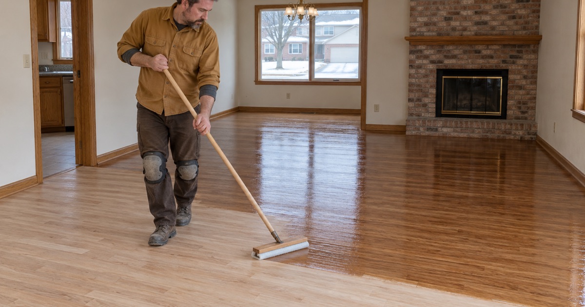 Worker drawing a flat applicator backwards across freshly coated red oak in an emptied 1980s Maple Grove two-story, the wet half reading darker than the raw half.