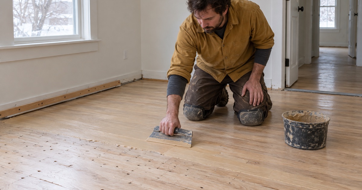 Worker preparing the floor of a licensed Monticello rental unit between tenants, ahead of the city’s inspection cycle.