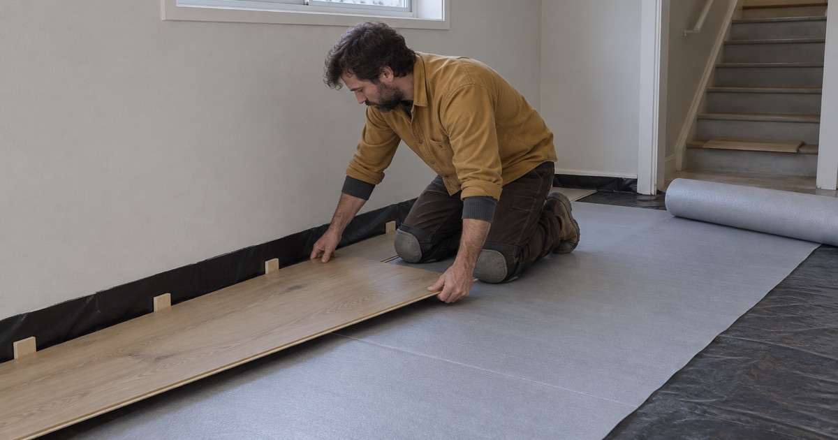 Worker laying the first engineered plank of a Mounds View lower-level floor being reinstated over the slab.