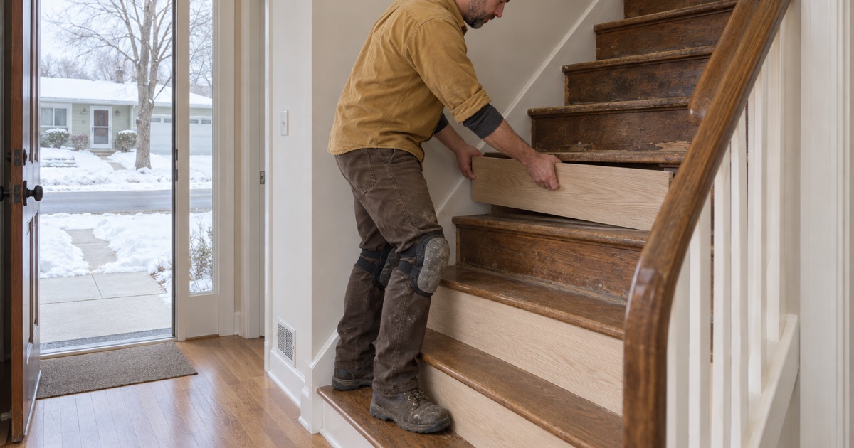 Worker setting a white oak riser beneath an existing tread on a New Hope staircase, where stair work and not floor finish is what the city’s criteria reach.
