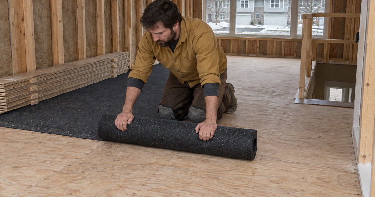 Worker rolling a dense acoustical mat out over the plywood subfloor of an upper-level Plymouth townhome before any plank goes down.