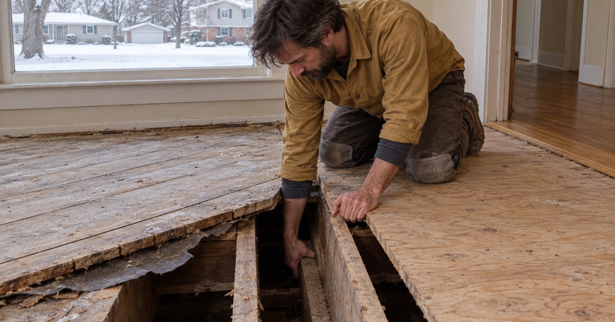 Worker with a hand on a floor joist beneath an opened Ramsey floor, where a 1970s board subfloor meets the plywood of a later addition.