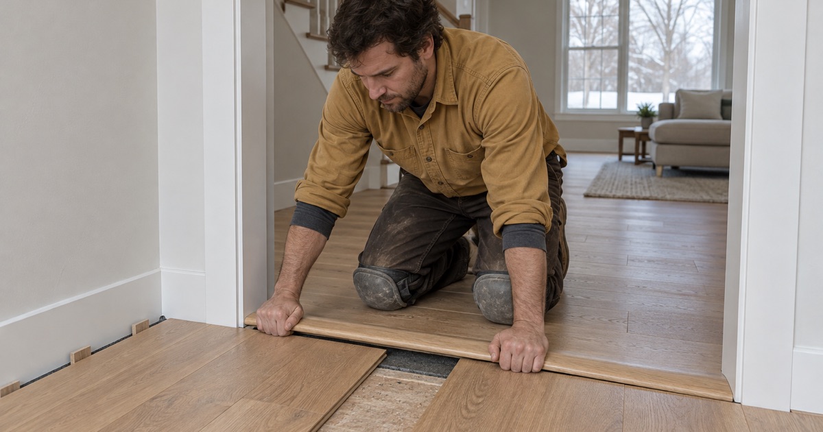 Worker setting a doorway transition in a Rogers twin home built over a shared floor-ceiling assembly.