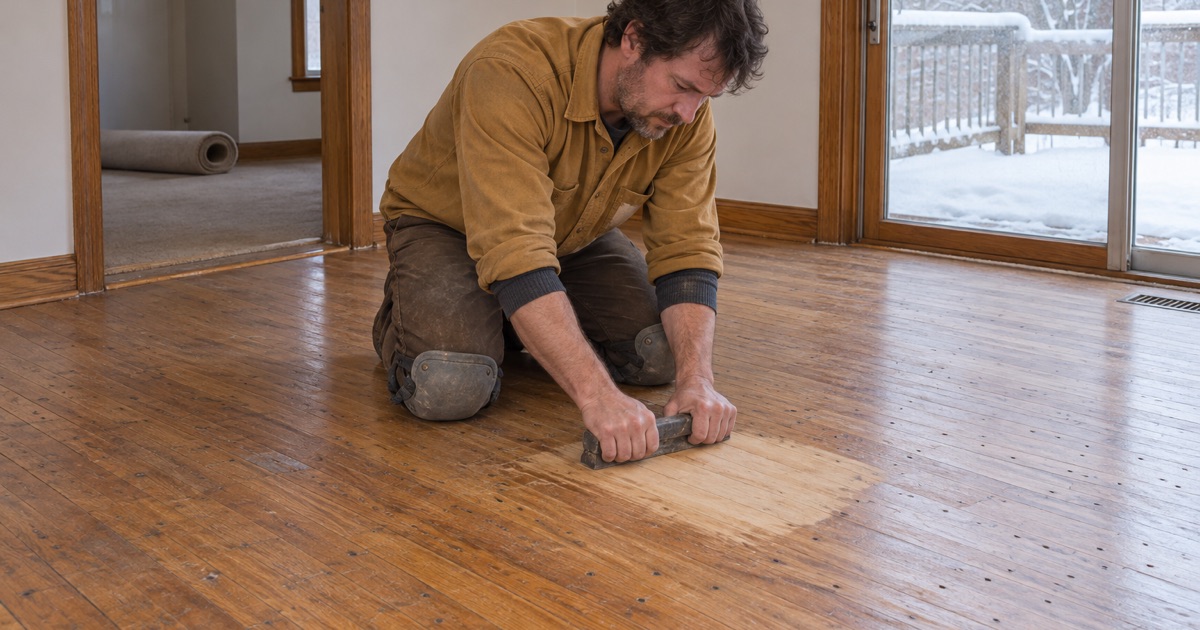 Worker testing the color under the old finish of a Vadnais Heights builder floor arriving at its recoat-or-refinish decision.